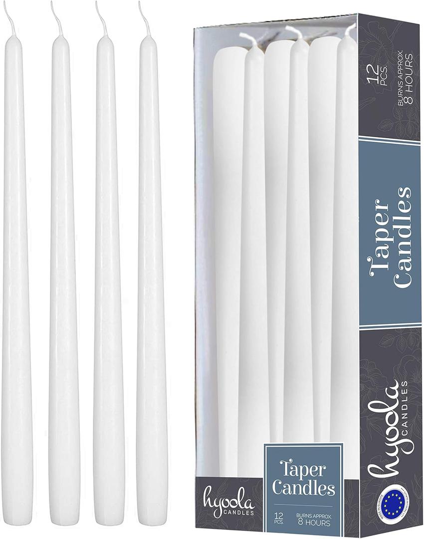 Hyoola 12 Pack Tall Taper Candles - 10 Inch White Dripless, Unscented Dinner Candle - Paraffin Wax with Cotton Wicks - 8 Hour Burn Time