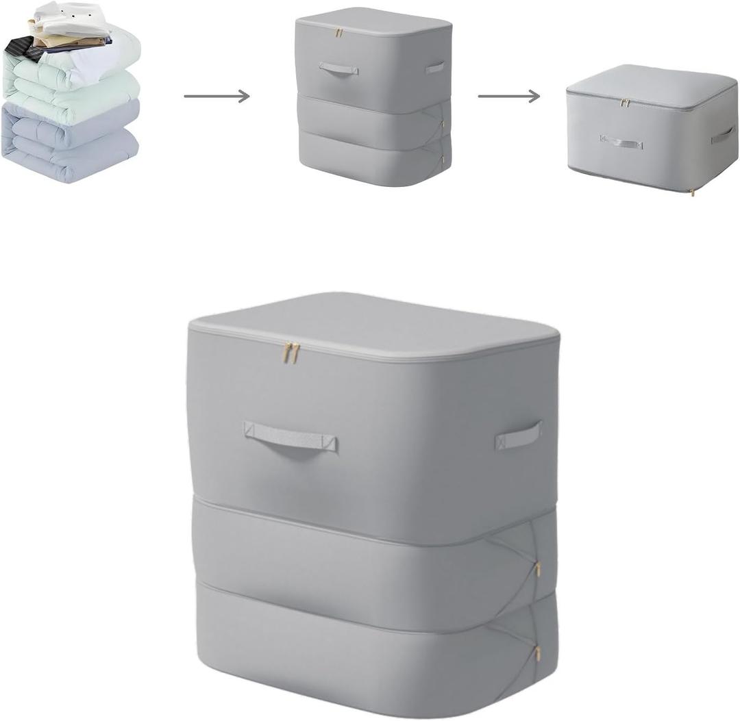 Ultra Space Saving Self Compression Organizer, 3-Layer Zipper Large Capacity Blanket Bags, Thickend Satin Fabric Comforter Storage Bag for Comforters, Clothes, Blankets (X-Large, Gray, 21x17x24in)