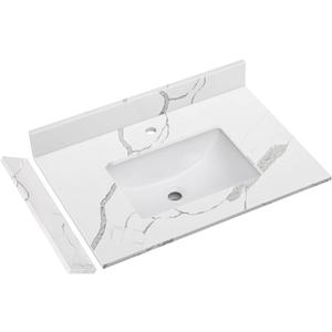 30 in.W x 22 in.D Quartz Calacatta River Vanity Top,with Undermount Middle Sink Vanity Top,with One Sidesplash & One Backsplash,Single Faucet Hole Spread Bathroom Vanity Sink Countertop