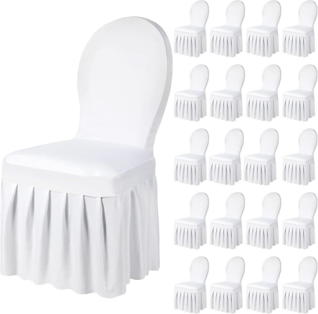 Oudain Chair Slip Covers with Skirt Wedding Long Stretch Spandex Dining Chair Cover Protectors Removable and Washable for Hotel and Wedding Ceremony(White,20 Pieces)