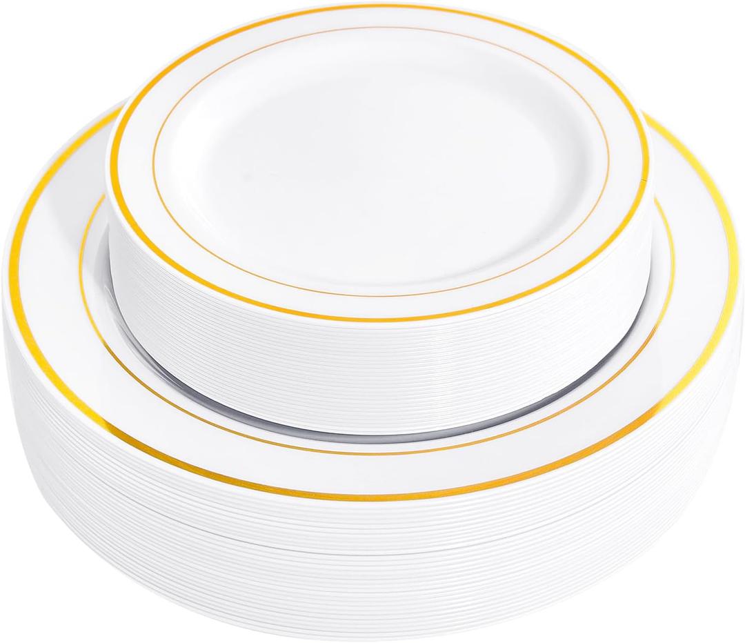 FLOWERCAT 60PCS Gold Plastic Plates - Heavy Duty White and Gold Plastic Plates Disposable for New Year Party/Wedding - Include 30PCS 10.25" Dinner Plates and 30PCS 7.5" Dessert Plates