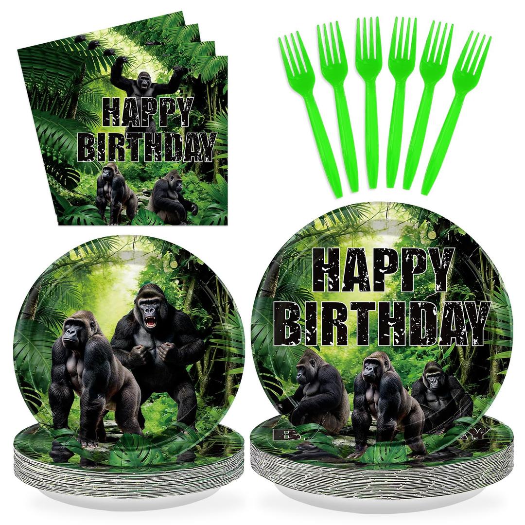 96 Pcs Gorilla Birthday Party Decorations Safari Jungle Animal Plates and Napkins Disposable Black Gorilla Theme Tableware Set for Boys Monkey Ape Birthday Baby Shower Party Supplies Serves 24