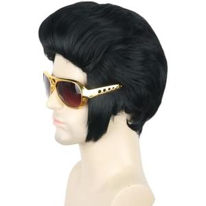 Topcosplay Men Wig and Glasses Black Short Wigs Cosplay Halloween Costumes Wig Funny Man Wigs