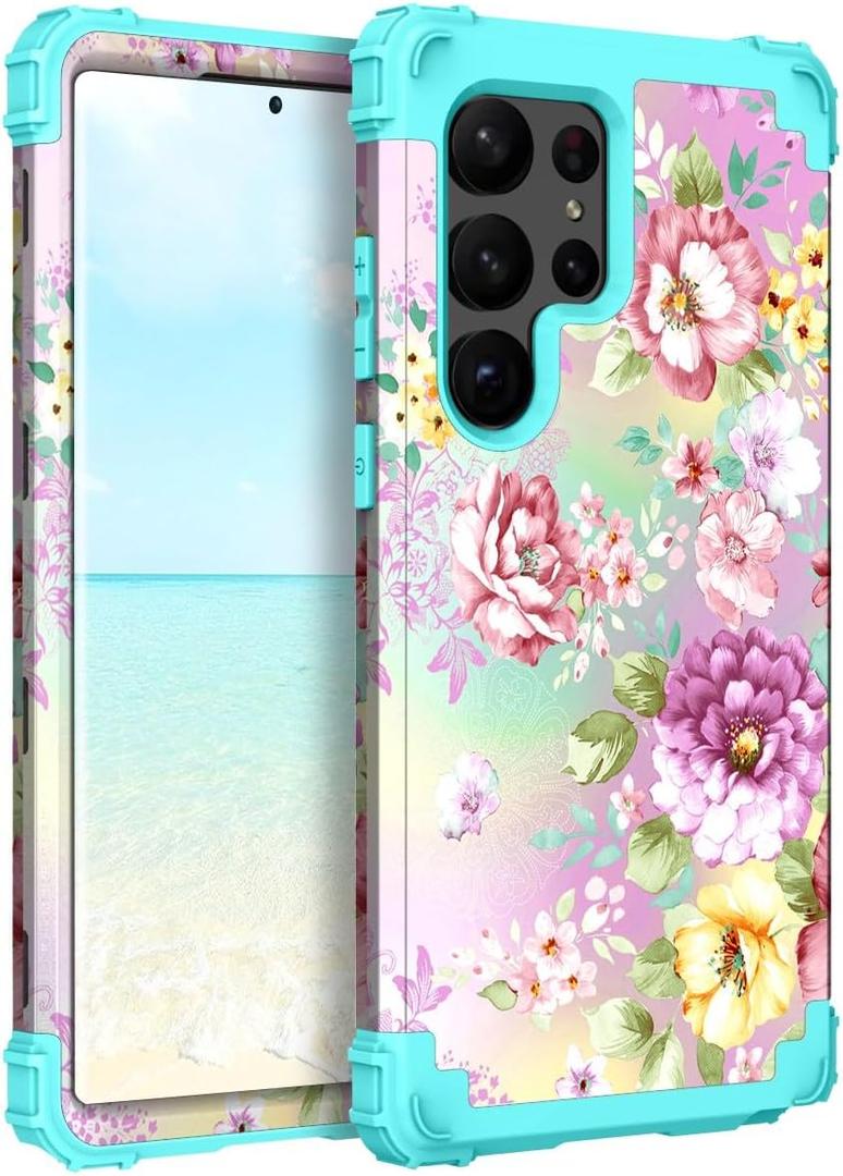 Hocase for Galaxy S23 Ultra Case, Shockproof Heavy Duty Hard Plastic+Soft Silicone Rubber Bumper Hybrid Dual-Layer Protective Case for Samsung Galaxy S23 Ultra 6.8" 2023 - Purple/Pink Flowers