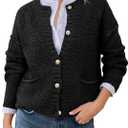 Saodimallsu Women's Chunky Knit Cardigan Button Down Crewneck Long Sleeve Cropped Sweater with Pockets (Gray, M)