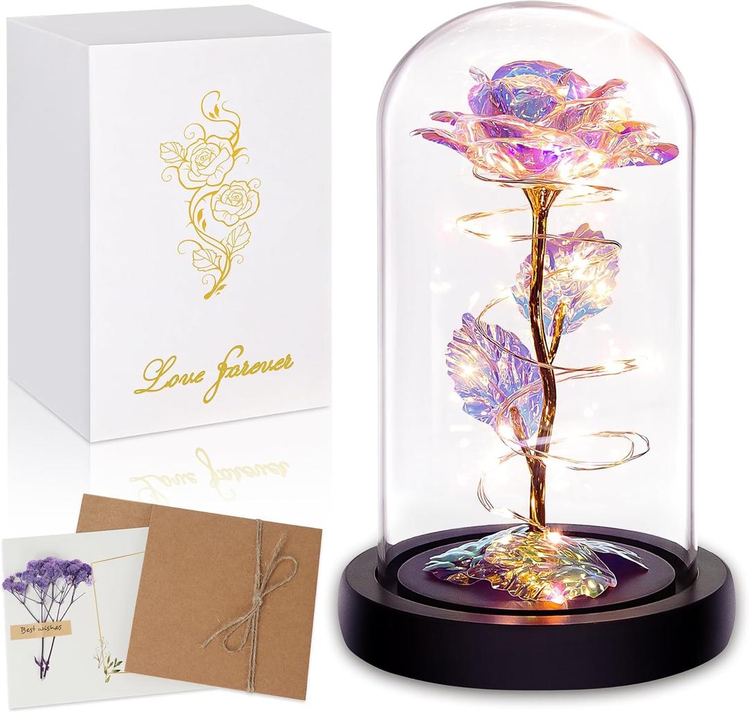 Birthday Gifts for Women,Mothers Day Flowers Gifts for Mom,Wife,Grandma,Mom Gifts for Her,Light Up Rose Flowers in Glass Dome,Colorful Rainbow Flower Rose Presents for Birthday,Anniversary,Valentines
