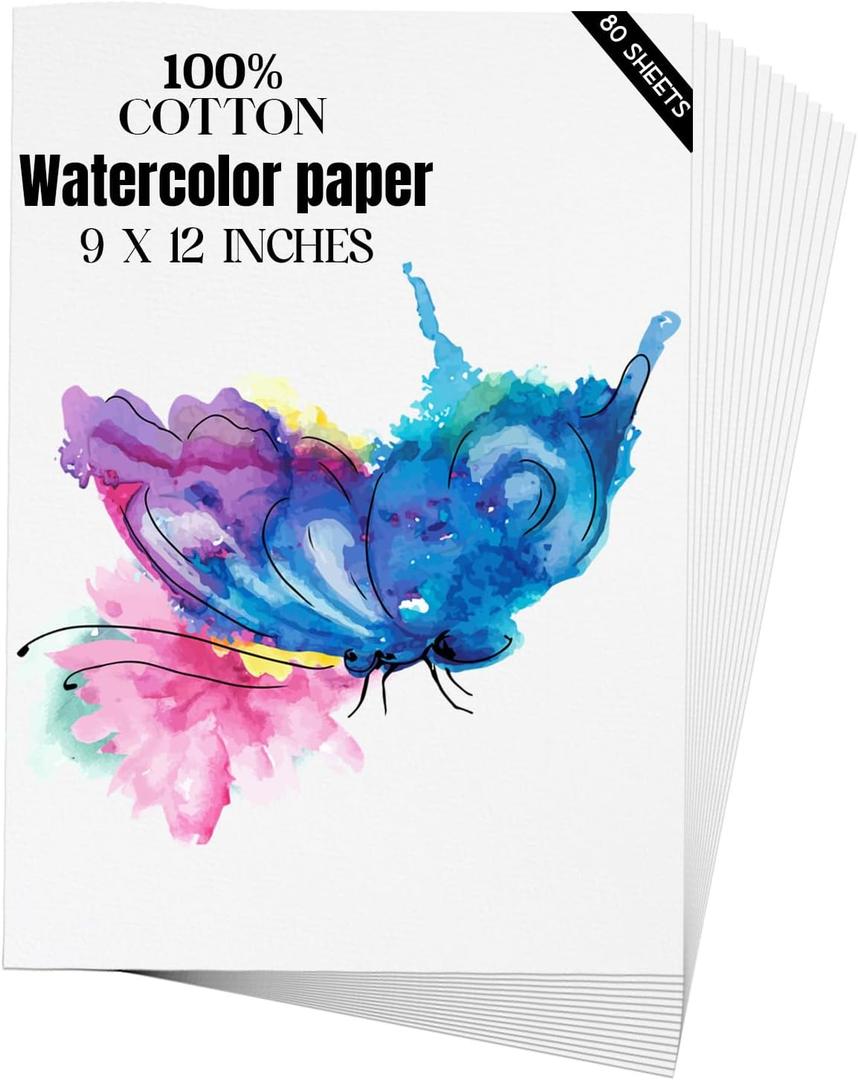 Watercolor Paper 9x12 inches 80 Sheets,Heavyweight Artist Paper 140lb/300GSM Cold Press Natural Cotton Paper for Students Artists Watercolor Drawing