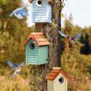 Bluebird Bird Houses for Outside Clearance - Set of 3 Nest Box with Stainless Steel Predator Guard - Alaskan Red Cedar Shingles Roof - UV Painting - 10 Years Outdoor(Beach Hut Houses)