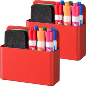 BEYGORM 2 Pack Plastic Magnetic Pen Holder for Refrigerator, Dry Erase Marker Holder for WhiteboardMagnet School Locker Organizer Accessories, Pencil Cup, Pen Caddy, Classroom Organization(Red)