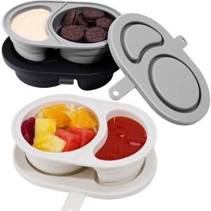 NiHome 3-Pack Reusable Dual-Compartment Silicone Snack Containers with Lids, Safe for Baby Food, Leak-Proof & Easy-Clean for Dips, Sauces, Travel, Microwave & Dishwasher Safe (Cream, Gray, Black)