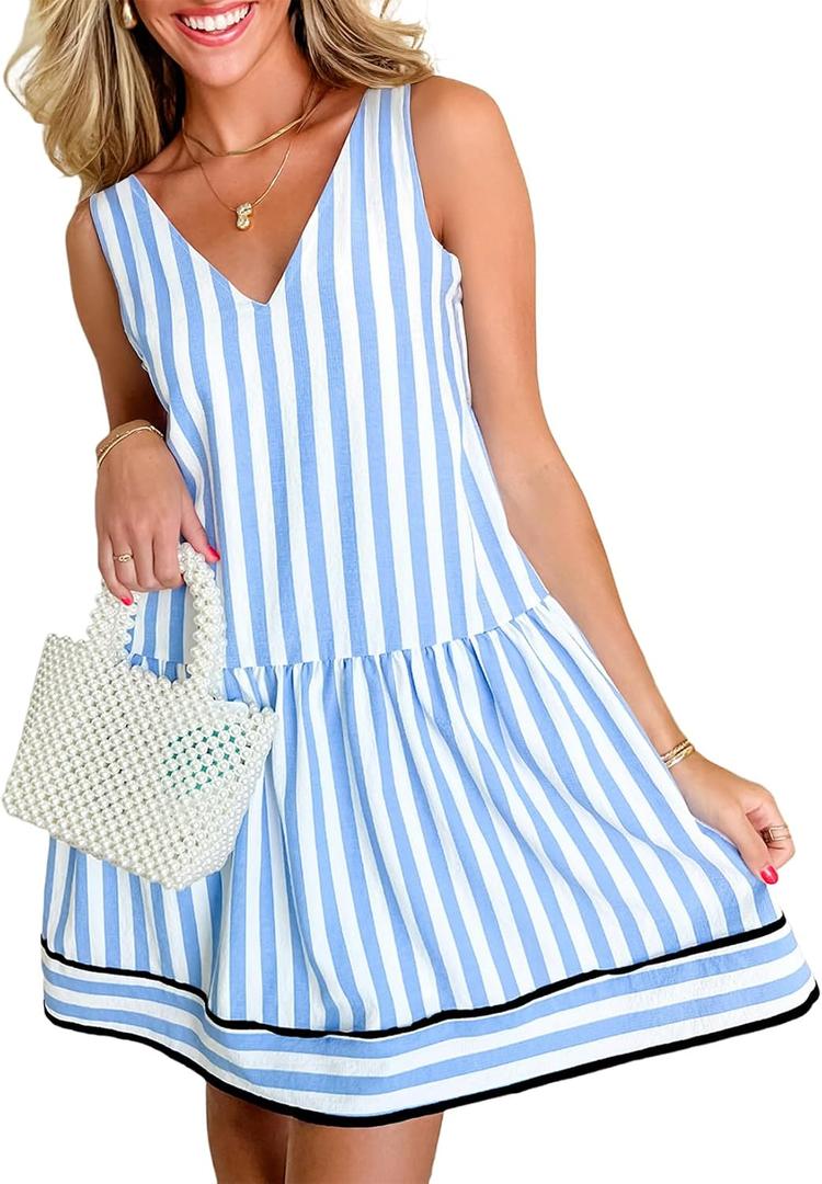 Acelitt Womens Summer Sleeveless Striped Dresses Casual Loose V Neck Flowy Ruffle Babydoll Dress Beach Vacation Sundress (M)