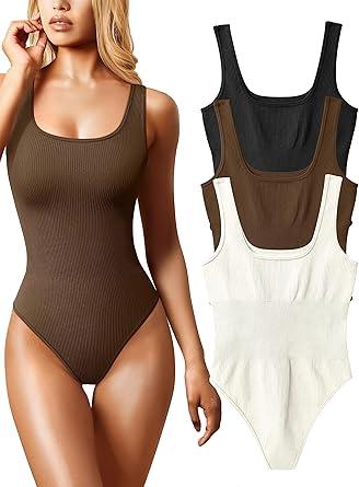 OQQ Women's 3 Piece Bodysuits Sexy Ribbed Sleeveless Square Neck Tank Tops Leotard 2025 Trendy Outfits (Black, Coffee & Beige) M