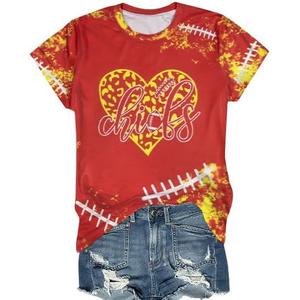 Game Day Shirt Women: Team Fan T-Shirt Cute Football Heart Graphic Tees Casual Season Short Sleeve Tops (Red, L)