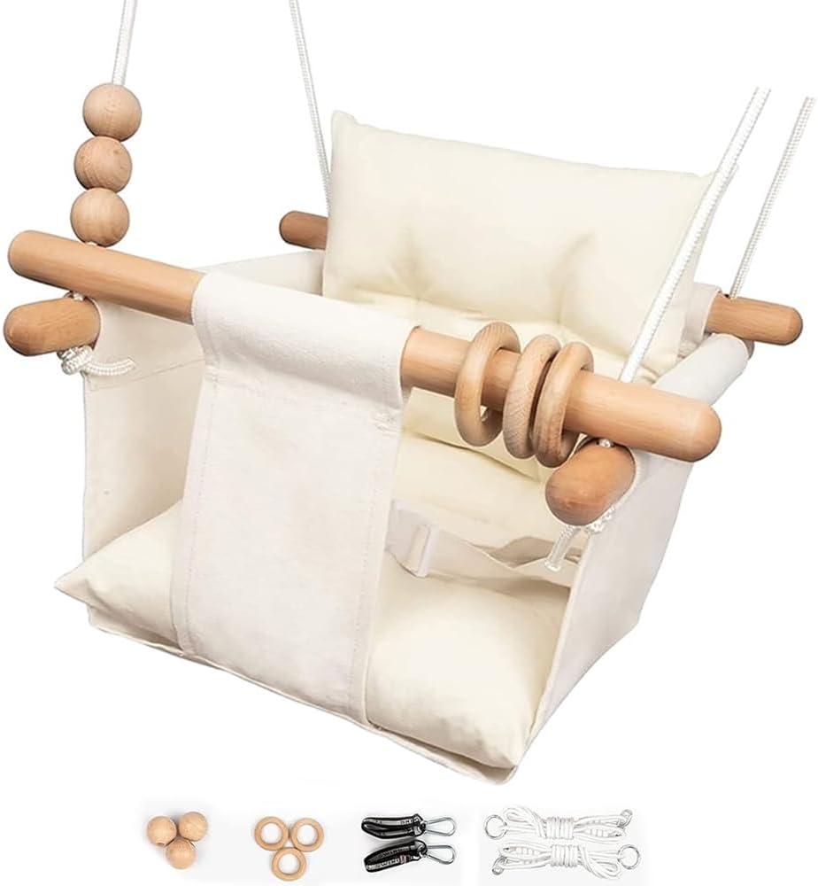 Baby Swing Outdoor Indoor Toddler Swing Seat with Safety Belt, Canvas Hanging Swings Outside Tree Swing Great Gift for Baby Boys Girls Kids Lovers (Cream Checkered)