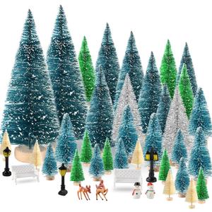 Mini Christmas Tree 35PCS Christmas Village Sets with Crafts Reindeer Snowmen Benches Street Lamp for Xmas Decorations Indoor Party Home Table Craft (Multicolor)