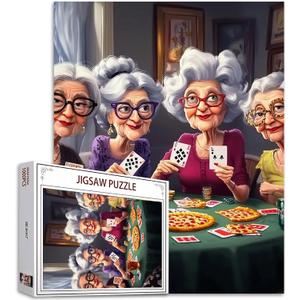 Old Woman Jigsaw Puzzles 1000 Pieces for Adults, Families(Girl, Lady, Pizza, Playing Cards, Friends) Pieces Fit Together Perfectly 19.7''x27.6''inch Romantic Friendship Frameable Magic Puzzle Art