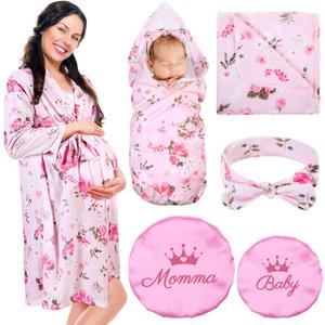 Mepase 5 Pcs Mommy and Me Hospital Matching Outfits Maternity Robe Swaddle Blanket Baby Girl Boys Headband Hat for Mom Baby (Light Pink)