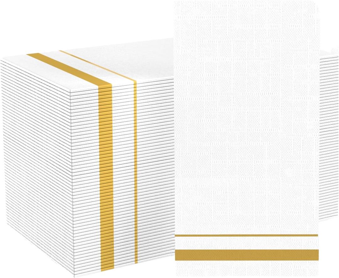 200 Pack 3-Ply Disposable Paper Napkins, Soft and Absorbent Paper Hand Towels, Gold Trim Lined Elegant Dinner Napkins for Kitchen, Wedding, Parties, Dinners or Events (15.7" x 13")