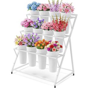 Asee'm Flower Display Stand with 12 Buckets Metal Flower Bar Stand 3 Layer Heavy Duty Flowers Cart Display with Wheels Moving Florist Bouquet Shelf for Indoor Outdoor Patio Decor Terrace Wedding White
