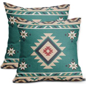 Sweetshow Western Native American Throw Pillow Covers 18X18 Inch Turquoise Blue Aztec Southwest Decorative Pillow Cases for Couch Set of 2 Linen Cushion Cover for Couch Sofa Patio Bedroom Livingroom
