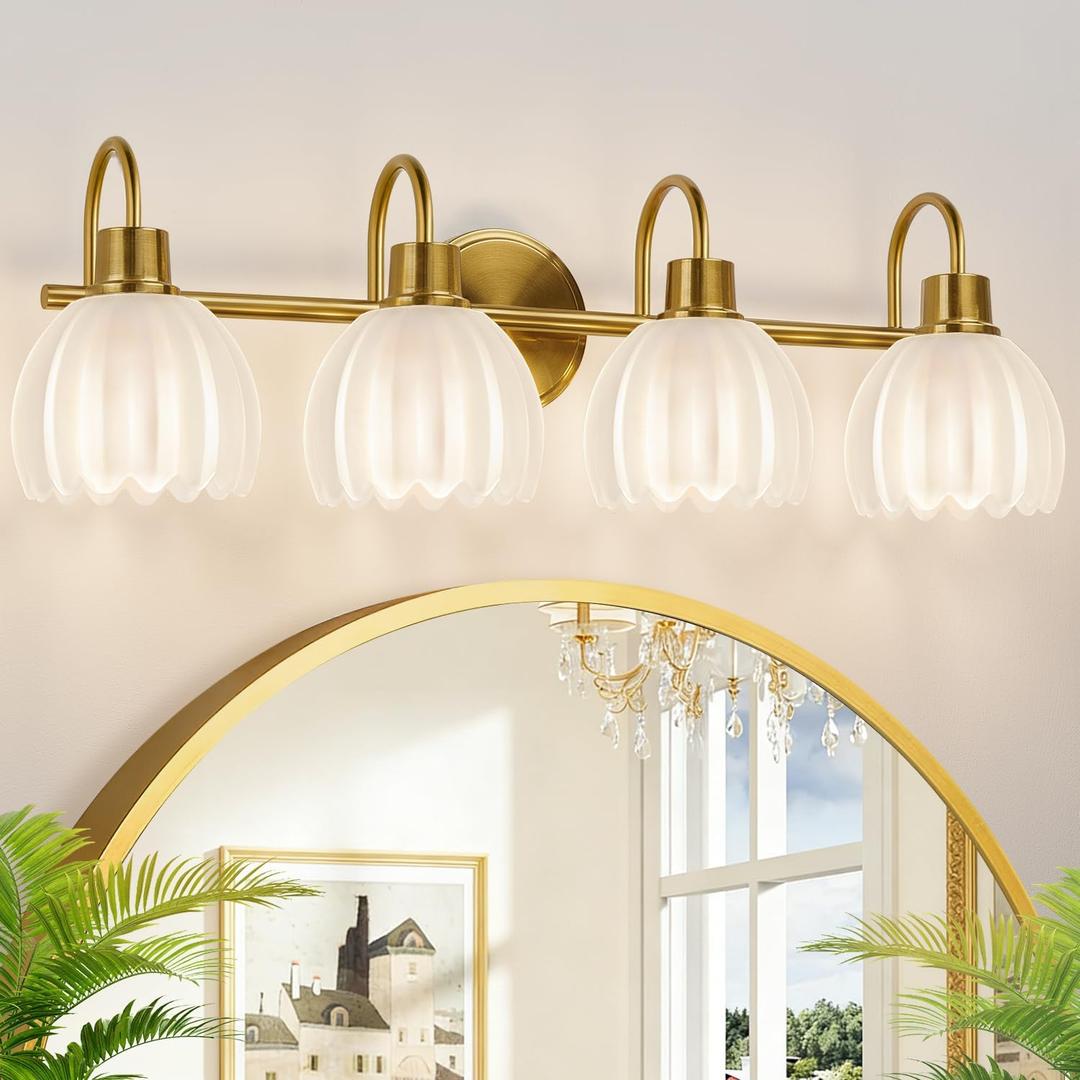 4-Light Bathroom Light Fixtures, 27" Brushed Gold Vanity Lights for Bathroom with Ribbed Frosted Clear Tulip Glass Shade, Vintage Bathroom Vanity Lighting Fixtures Over Mirror for Living Room Hallway
