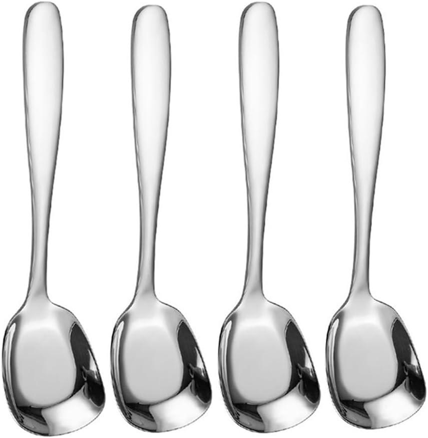 Square Head Stainless Steel Spoons,4PCS Korean style Thick Heavy Weight Soup Spoons,Dessert Spoons 7.3 Inch (silver)