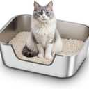 Qiuma Stainless Steel Cat Litter Box with Low Entry, Metal Kitty Litter Box for Senior or Injured Cats, Odor-Free, Non-Stick, Easy to Clean, 17.5"x13.6"x5.9", Litter Pan for Medium and Small Cats