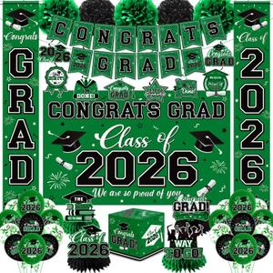 Graduation Decorations 2026 Green Party Decor Set with Congrats Grad Banner, Class of 2026 Backdrop, Balloons, Box & Streamers Supplies for High School & College Celebrations