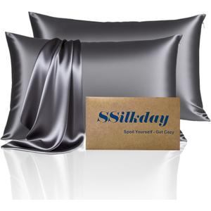 Mulberry Silk Pillow Cases 2 Pack Standard Size with Zipper, Ultra Smooth Soft Breathable Cooling Pillow Cases for Hot Sleepers, Silk Satin Pillowcase for Hair and Skin Set of 2, Gifts for Women (Dark Grey-2pcs)