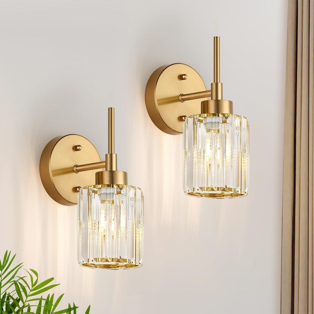 Modern Crystal Bathroom Vanity Light, 2-Pack Brushed Gold Vanity Light with Clear Crystal Shades, Bathroom Light Fixtures Over Mirror (Bulbs Not Included)