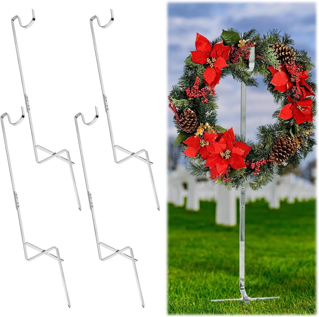 Blulu 4 Pcs Wreath Stands for Cemetery Grave Wreath Holder Stand in Ground Cemetery Flower Holder Headstone Flower Hook Gravestone Hanger for Spring Memorial Day Funeral Christmas Tombstone Decoration