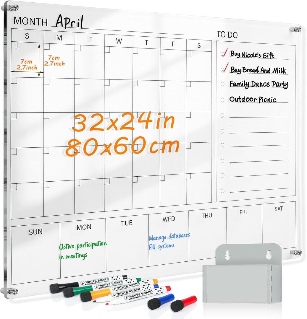 MAKELLO Acrylic Calendar for Wall 32" x 24", Clear White Board Calendar for Office, School, Home, Monthly Whiteboard with Weekly