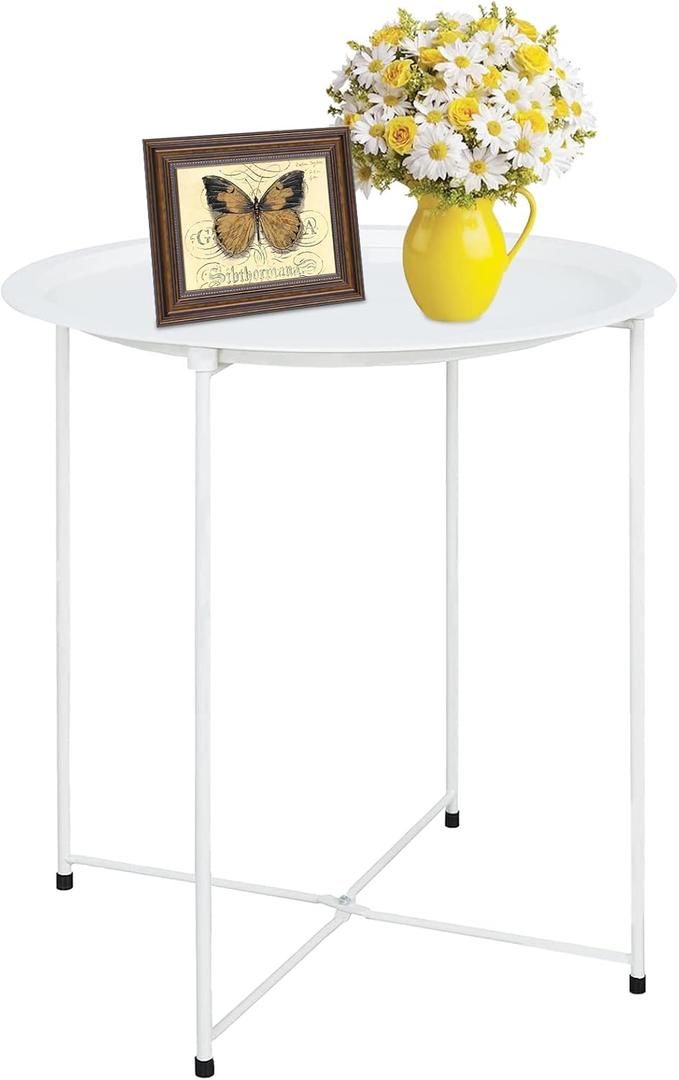 Garden 4 you End Table Metal Side Table White Round Folding Tray Cyan Sofa Small Accent Fold-able Table, Round End Table Tray, Next to Sofa Table, Snack Table for Living Room and Bed Room, 1 PC
