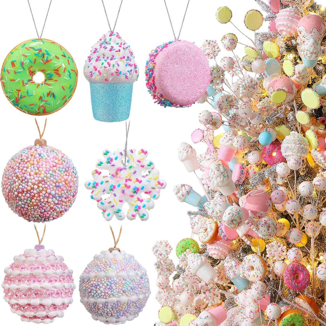 Simgoing 21 Pcs Candy Christmas Tree Ornaments Pastel Decorations Set New Cute Hanging Decor Doughnut Candy Ball Snowflake Macaron Cookies Cupcake Dessert Pendant for Shop Baby Shower Home Xmas Party