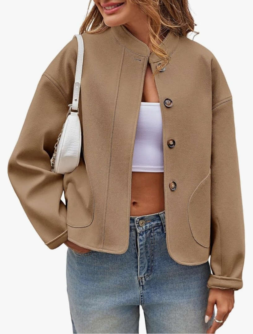 Tankaneo Womens Short Pea Coats Oversized Long Sleeve Button Down Casual Bomber Jackets with Pockets, Size M 