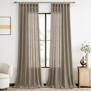 Joywell Taupe Hook Belt Linen Semi Sheer Curtains 84 Inches Length Long Rod Pocket Back Tab Hook Belt Clip Rings Window Curtains Drapes for Bedroom Living Room 2 Panels 52x84 Taupe Grey