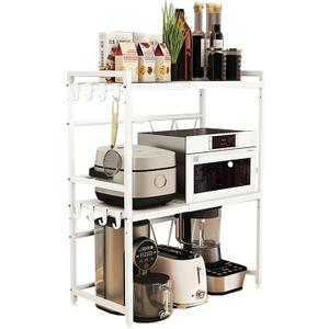 Expandable Microwave Stand Countertop, 3 Tier Heavy Duty Over Microwave Shelf Countertop with 8 Hooks,Height Adjustable Carbon Steel Microwave Oven Rack Shelf for Kitchen,Holds 132lb,White