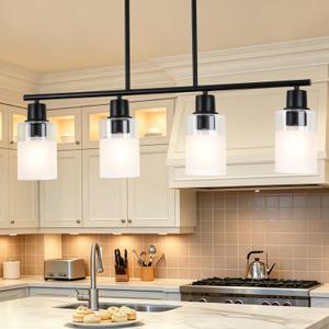 Dining Room Chandelier Light Fixture Over Table with Milk Glass Shade, 4-Light Island Light Hanging for Linear Pendant Light for Kitchen Island Table Living Room with Adjustable Rods, Metal Black