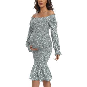 Maternity Spring Floral Midi Bodycon Dresses, Short Puff Sleeve Square Neck Ruffle Hem Mermaid Baby Shower Dress (Gray, XL)