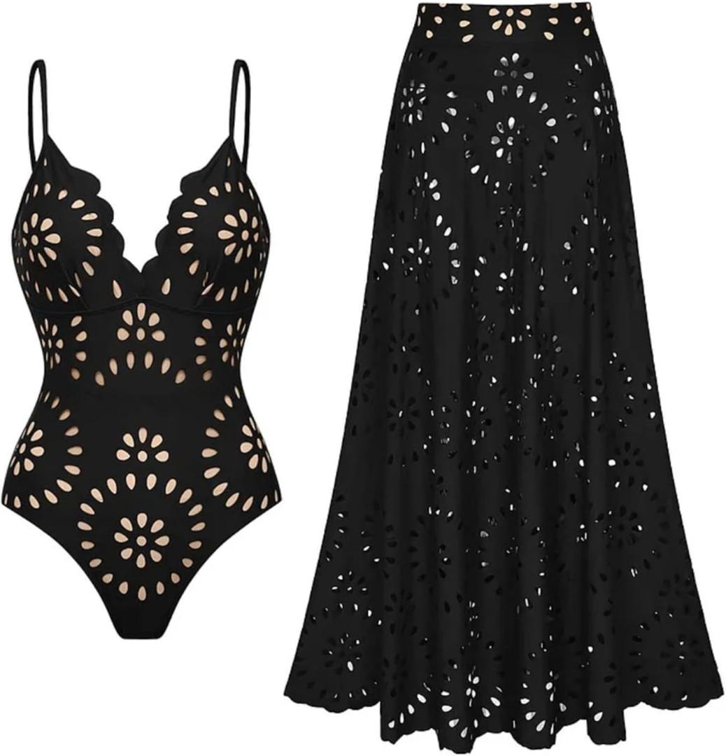 FLAXMAKER Women's One Piece Bathing Suit Petal Hollow V Neck Swimsuit and Skirt (Black, M)
