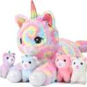 22inch Unicorn Stuffed Animals Cat Plush for Girls, Momma Cat Plushie with 4pcs Baby Kitty Toys, 5 in 1 Surprise Gifts Playset