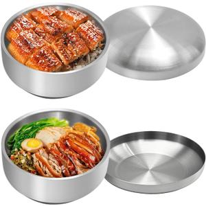 Stainless Steel Rice Bowl with Lid, Set of 2, for Korean Kitchen Restaurant, Double-walled Metal Bowls, Multi-Purpose Insulated Soup Bowls Snacks Bowls (13cm Silver)