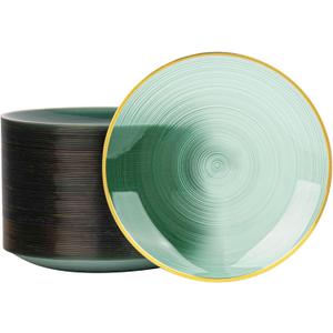 100PCS Transparent Green Gold Plastic Plates, 10 Inch Heavy Duty Disposable Dinner Plate with Gold Rim, Round Party Plates for Wedding, Party, Camping, Picnic, Birthday