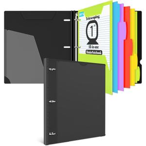 INFUN 1 INCH All-in-one Telescoping Binder Notebook, 3 Ring Binder with 1 Plastic Movable Pocket Folder,5 Plastic Subject Dividers and Graph Paper and College Ruled Paper, Holds 225 Sheets-Black
