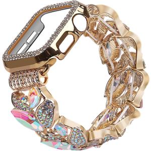 VIQIV Bling Dressy Bracelet with Case Compatible with Apple Watch Bands 38/40/41/42/44/45/49mm for Women Strethy, Cute Slim Metal Wristband Strap for iWatch Ultra 2/Ultra Series 9/8/7/6/5/4/3/2/1/SE (Gold Colorful)