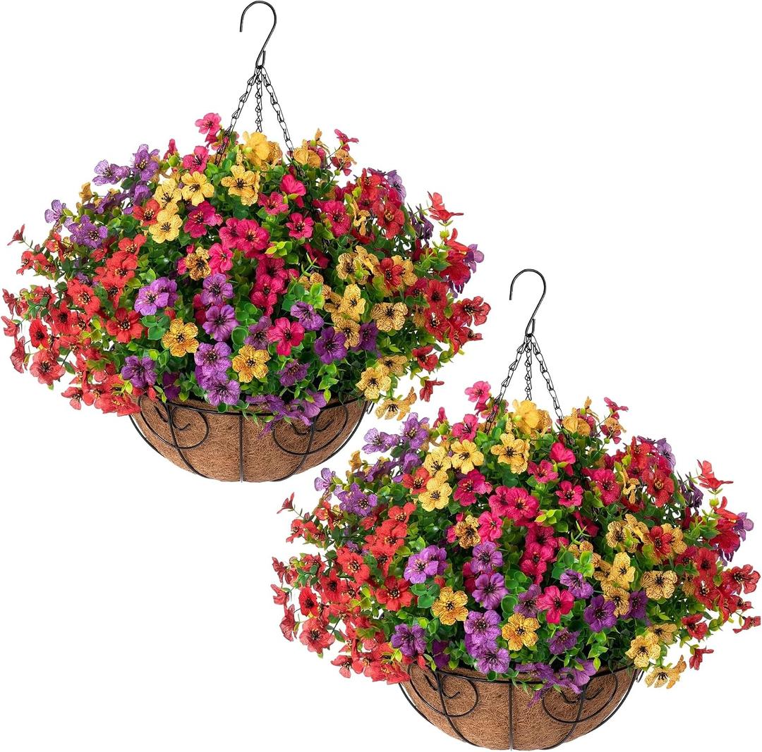 HyeFlora 2 Set Artificial Outdoor Flowers Hanging Basket, Faux Hanging Plants for Outside Spring Decoration, Fake Silk UV Resistant Look Real Daisy for Porch Patio Home Decor