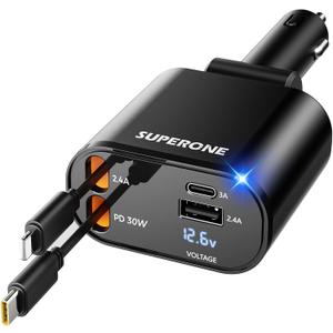 [Upgraded] SUPERONE Retractable Car Charger 4 in 1, Fast Car Phone Charger with Cord 2.6ft, USB C and Apple Car Adapter, Compatible with iPhone 17 16 15/15 Pro Max/14/13/12/11, Galaxy, Pixel