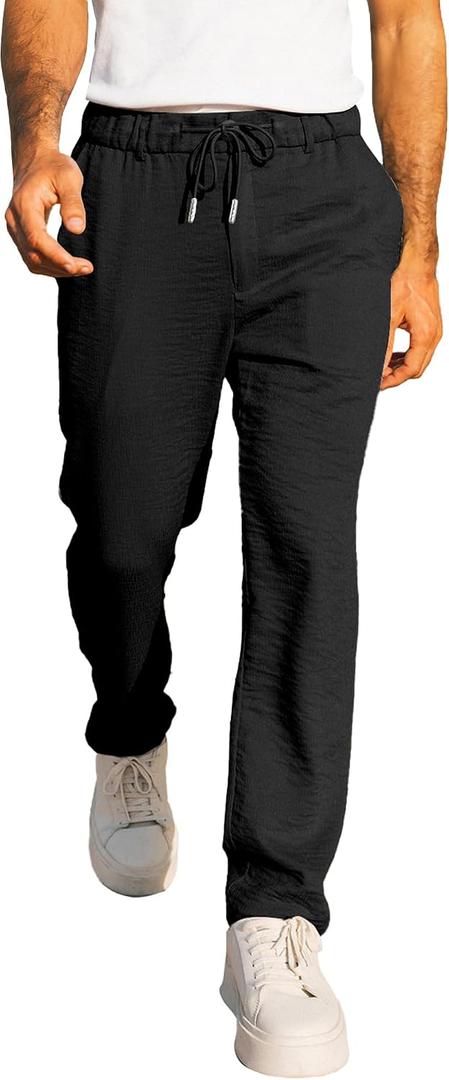 JMIERR Men's Casual Drawstring Pants Elastic Waist Lightweight Pant Summer Beach Trouser with Pockets (Black, M)