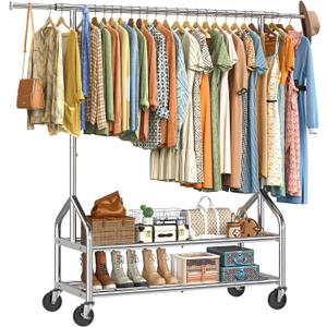 Ekisemio Heavy Duty Clothes Rack Load 650 LBS, Rolling Clothing Rack with Shelves, Metal Garment Rack for Bedroom, Laundry Room, Retail Store, Chrome