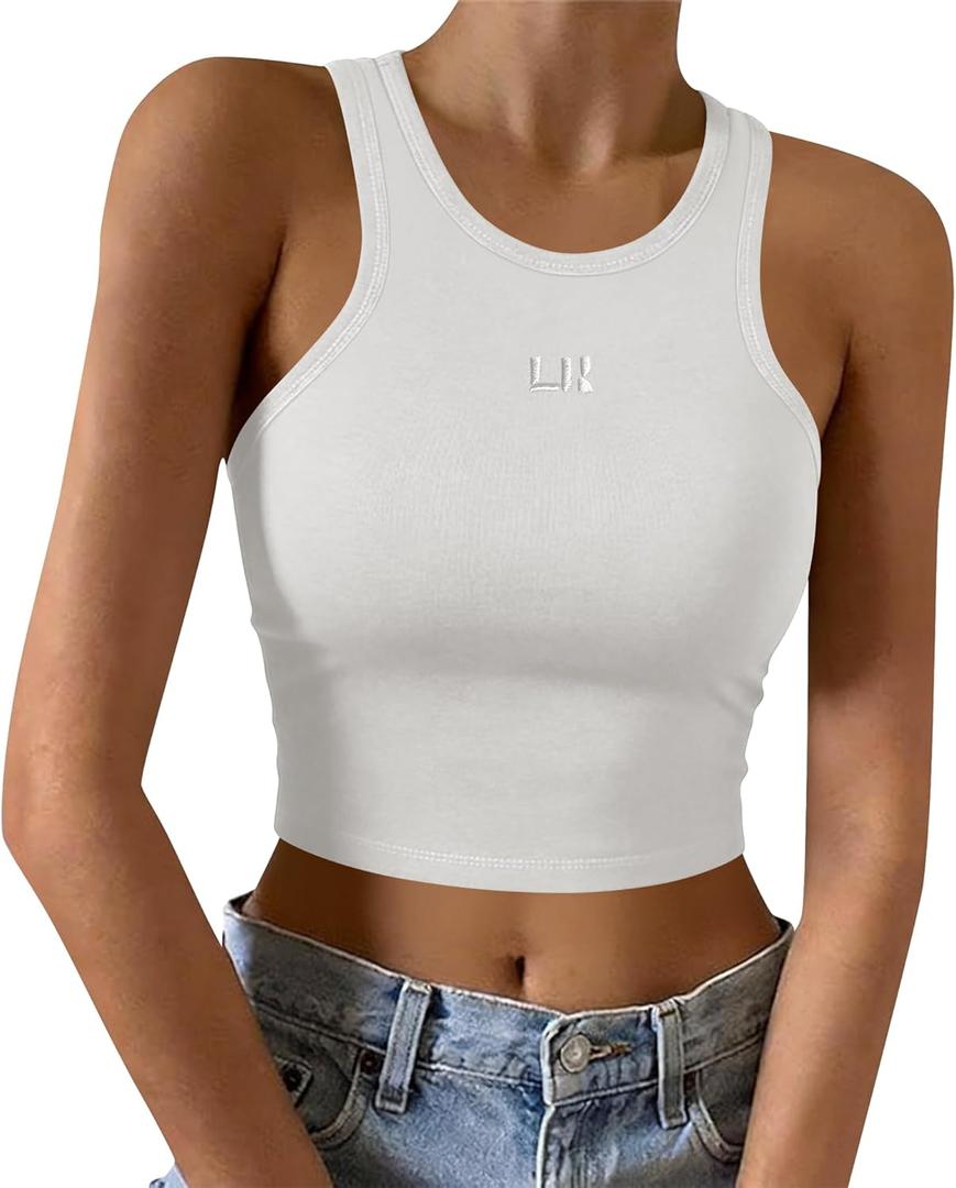 LouKeith Womens Cropped Tank Tops Racerback High Neck Ribbed Cotton Fitted Sleeveless Crop Tank Basic Top (Medium, White)